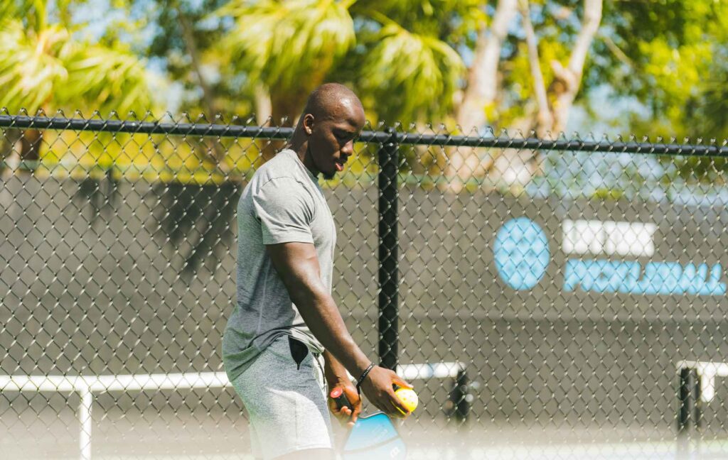 A member of Life Time plays pickleball